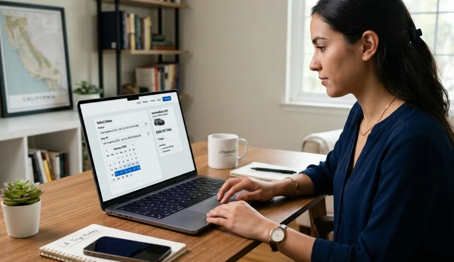a women using a laptop to reserve a vehicle online